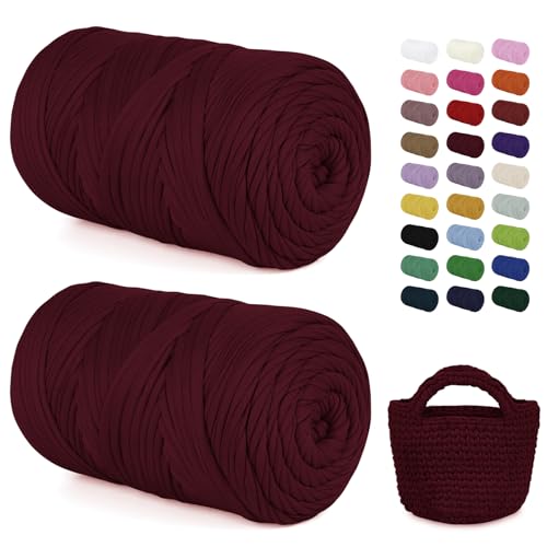 LEREATI 2x400g Textilgarn zum Häkeln für Körbe, Tshirt Garn zum Häkeln, Dickes Bändchengarn Ribbon T Shirt Yarn, Häkelgarn für Taschen, Häkeltaschen, Decken, Heimdekoration (Weinrot) von LEREATI