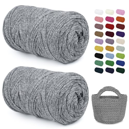 LEREATI 2x400g Textilgarn zum Häkeln für Körbe, Tshirt Garn zum Häkeln, Dickes Bändchengarn Ribbon T Shirt Yarn, Häkelgarn für Taschen, Häkeltaschen, Decken, Heimdekoration (Weiß Grau) von LEREATI