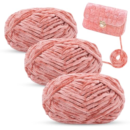 LEREATI 3x100g Chenille Wolle zum Häkeln Samt Wolle Weich Chenille Garn Fluffy Häkelgarn, Dicke Velvet Wolle zum Stricken & Häkeln Decke, Tasche, Socke, Mütze, Schal (Leder Rosa) von LEREATI