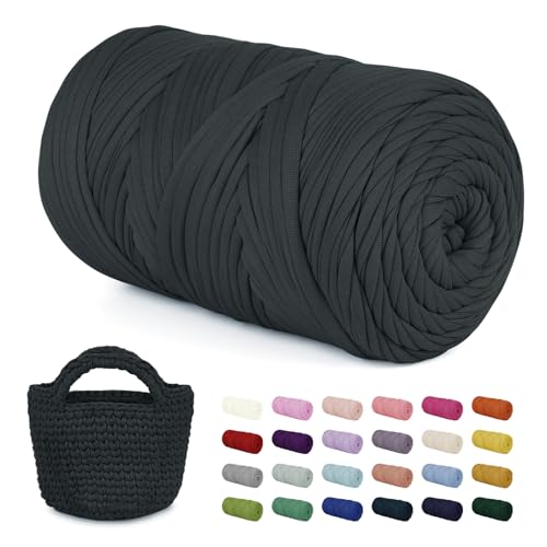 LEREATI 400g Textilgarn zum Häkeln für Körbe, Tshirt Garn zum Häkeln, Dickes Bändchengarn Ribbon T Shirt Yarn, Häkelgarn für Taschen, Häkeltaschen, Decken, Heimdekoration (Dunkelgrau) von LEREATI