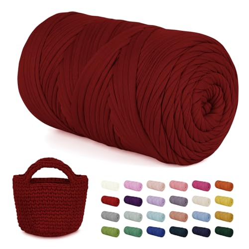 LEREATI 400g Textilgarn zum Häkeln für Körbe, Tshirt Garn zum Häkeln, Dickes Bändchengarn Ribbon T Shirt Yarn, Häkelgarn für Taschen, Häkeltaschen, Decken, Heimdekoration (Dunkelrot) von LEREATI