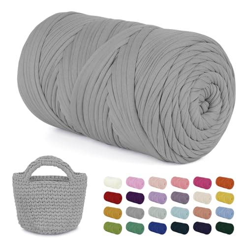 LEREATI 400g Textilgarn zum Häkeln für Körbe, Tshirt Garn zum Häkeln, Dickes Bändchengarn Ribbon T Shirt Yarn, Häkelgarn für Taschen, Häkeltaschen, Decken, Heimdekoration (Hellgrau) von LEREATI