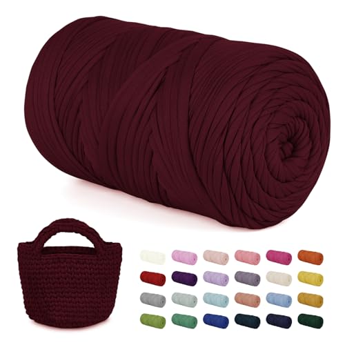 LEREATI 400g Textilgarn zum Häkeln für Körbe, Tshirt Garn zum Häkeln, Dickes Bändchengarn Ribbon T Shirt Yarn, Häkelgarn für Taschen, Häkeltaschen, Decken, Heimdekoration (Weinrot) von LEREATI