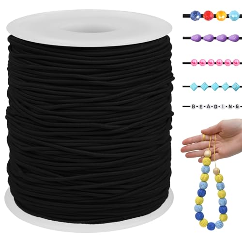 LEREATI Gummiband für Armbänder 1.2mm x 100m Perlenschnur Gummi Armband Elastische Schnur Rund Elastisches Band für Armbänder, Schmuck, Halskette, Perlen, Bastelarbeiten (Schwarz) von LEREATI