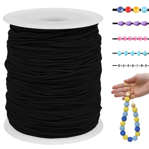 LEREATI Gummiband für Armbänder 1mm x 100m Perlenschnur Gummi Armband Elastische Schnur Rund Elastisches Band für Armbänder, Schmuck, Halskette, Perlen, Bastelarbeiten (Schwarz) von LEREATI