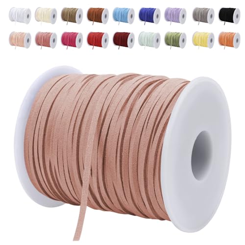 LEREATI Lederband 3mm x 45m Lederschnur Flache Faux Wildleder Schnur Lederbänder Lederkordel, Leder Schnur für DIY, Armband, Halskette, Schmuck, Handwerk (Bohne Rosa) von LEREATI