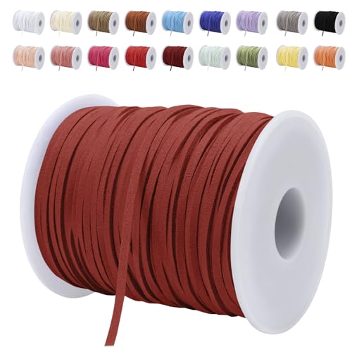 LEREATI Lederband 3mm x 45m Lederschnur Flache Faux Wildleder Schnur Lederbänder Lederkordel, Leder Schnur für DIY, Armband, Halskette, Schmuck, Handwerk (Helles Weinrot) von LEREATI