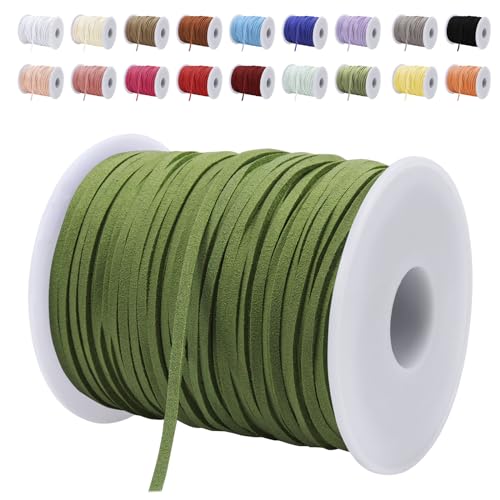 LEREATI Lederband 3mm x 45m Lederschnur Flache Faux Wildleder Schnur Lederbänder Lederkordel, Leder Schnur für DIY, Armband, Halskette, Schmuck, Handwerk (Olivgrün) von LEREATI