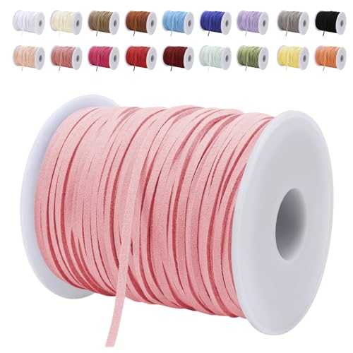 LEREATI Lederband 3mm x 45m Lederschnur Flache Faux Wildleder Schnur Lederbänder Lederkordel, Leder Schnur für DIY, Armband, Halskette, Schmuck, Handwerk (Pfirsich Rosa) von LEREATI