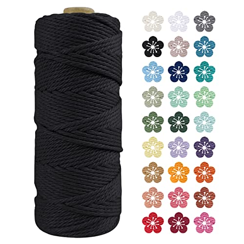 LEREATI Makramee Garn 2mm x 100m Schwarz Baumwollkordel Natur Baumwollseil Farbig Baumwollgarn, Macrame Cord 2mm für DIY Geflochten, Makramee Deko, Hängepflanze, Wandbehang, Vorhang von LEREATI