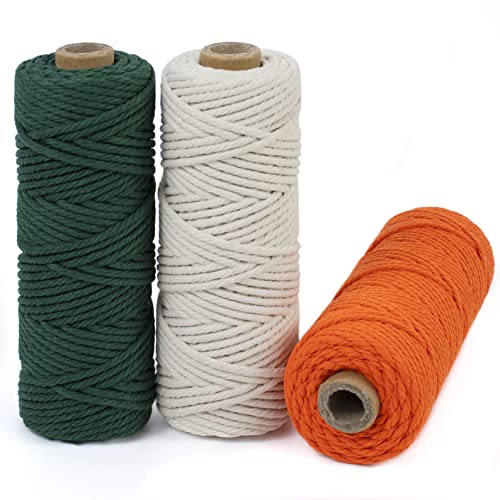 LEREATI Makramee Garn 3mm Set, 150m Makramee-Schnur, Farbig Baumwollseil, Baumwollgarn zum Hängepflanze, Wandbehang, Hochzeitsbogen, Deko (Dunkelgrün, Natur, Orange) von LEREATI