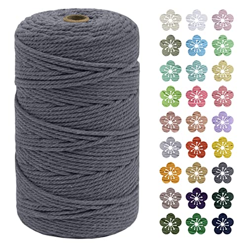 LEREATI Makramee Garn 3mm x 200m Baumwollkordel Natur Baumwollseil Farbig Baumwollgarn, Macrame Cord 3mm für DIY Geflochten, Makramee Deko, Hängepflanze, Wandbehang, Vorhang (Grau) von LEREATI