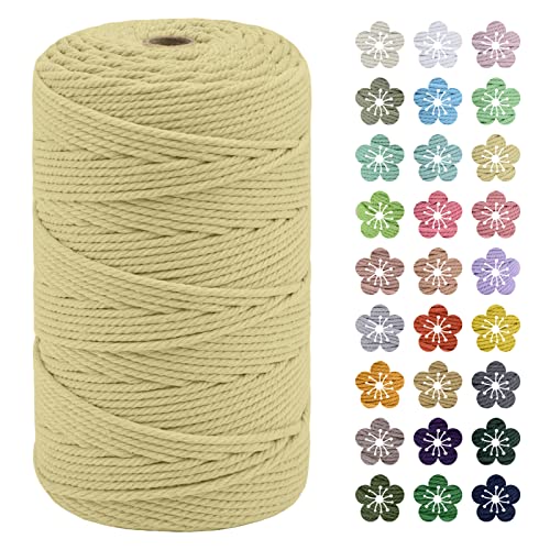 LEREATI Makramee Garn 3mm x 200m Baumwollkordel Natur Baumwollseil Farbig Baumwollgarn, Macrame Cord 3mm für DIY Geflochten, Makramee Deko, Hängepflanze, Wandbehang, Vorhang (Hellgelb) von LEREATI