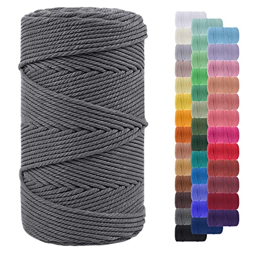 LEREATI Makramee Garn 4mm 200m Baumwollgarn Farbig Baumwollkordel Baumwollseil Baumwollschnur, Macrame Cord, Makramee-Garn Geflochten für DIY Basteln Wandbehang Hängepflanze Deko (Grau) von LEREATI