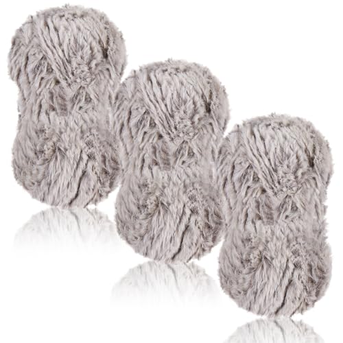 LEREATI Plüschwolle 3 x 100g Fransengarn Weiche Flauschige Wolle Dicke Plush Yarn Fluffy Yarn Fransenwolle zum Häkeln & Stricken Tasche, Hüte, Decken, Pelziges Objekt (Braun Weiß) von LEREATI