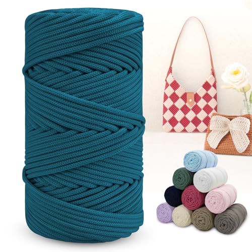 LEREATI Polyester Garn 150m Makramee Garn 4mm Geflochten Polyester-Seil Farbig Häkelgarn, Polyester Macrame Cord 4mm für Häkeltasche Umhängetasche Handtasche Geschenk Strickwaren (Dunkles Seeblau) von LEREATI