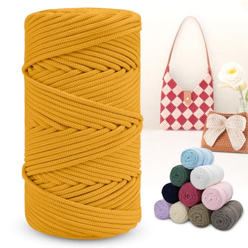 LEREATI Polyester Garn 150m Makramee Garn 4mm Geflochten Polyester-Seil Farbig Häkelgarn, Polyester Macrame Cord 4mm für Häkeltasche Umhängetasche Handtasche Geschenk Strickwaren (Fruchtgelb) von LEREATI