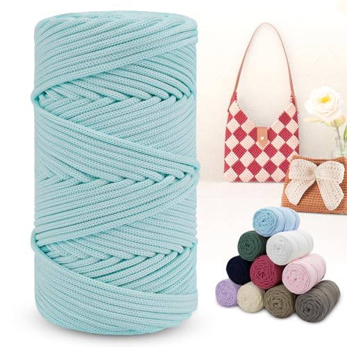 LEREATI Polyester Garn 150m Makramee Garn 4mm Geflochten Polyester-Seil Farbig Häkelgarn, Polyester Macrame Cord 4mm für Häkeltasche Umhängetasche Handtasche Geschenk Strickwaren (Hellblau) von LEREATI