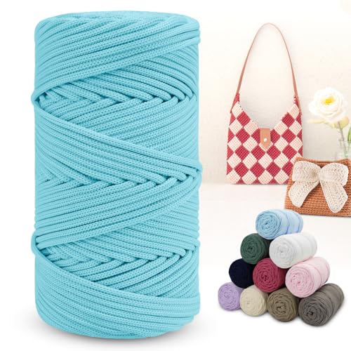 LEREATI Polyester Garn 150m Makramee Garn 4mm Geflochten Polyester-Seil Farbig Häkelgarn, Polyester Macrame Cord 4mm für Häkeltasche Umhängetasche Handtasche Geschenk Strickwaren (Helles Fruchtblau) von LEREATI