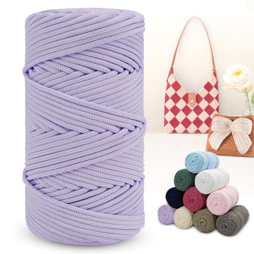 LEREATI Polyester Garn 150m Makramee Garn 4mm Geflochten Polyester-Seil Farbig Häkelgarn, Polyester Macrame Cord 4mm für Häkeltasche Umhängetasche Handtasche Geschenk Strickwaren (Hellviolett) von LEREATI