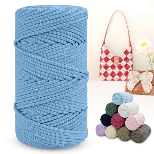 LEREATI Polyester Garn 150m Makramee Garn 4mm Geflochten Polyester-Seil Farbig Häkelgarn, Polyester Macrame Cord 4mm für Häkeltasche Umhängetasche Handtasche Geschenk Strickwaren (Himmelblau) von LEREATI