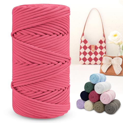 LEREATI Polyester Garn 150m Makramee Garn 4mm Geflochten Polyester-Seil Farbig Häkelgarn, Polyester Macrame Cord 4mm für Häkeltasche Umhängetasche Handtasche Geschenk Strickwaren (Pfirsich Rot) von LEREATI