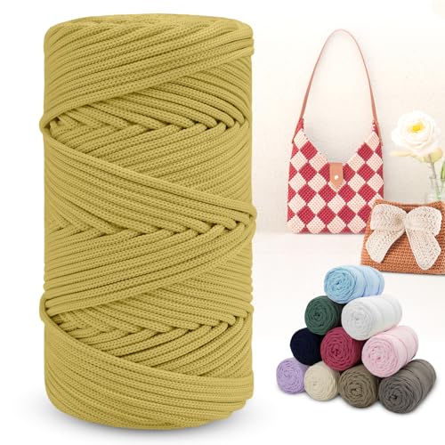 LEREATI Polyester Garn 150m Makramee Garn 4mm Geflochten Polyester-Seil Farbig Häkelgarn, Polyester Macrame Cord 4mm für Häkeltasche Umhängetasche Handtasche Geschenk Strickwaren (Senfgelb) von LEREATI