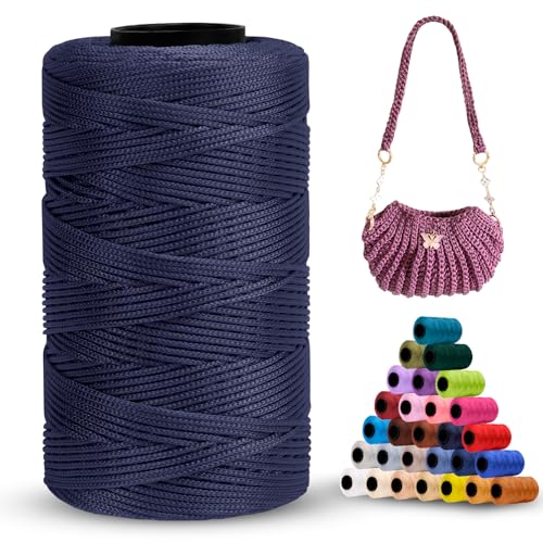 LEREATI Polyester Garn 1mm x 230m Makramee Garn 1mm Baumwollgarn Polyester Macrame Cord Polyester-Seil Baumwollkordel für Handtasche, Umhängetasche, Häkeltasche, Strickwaren (Dunkelblau) von LEREATI