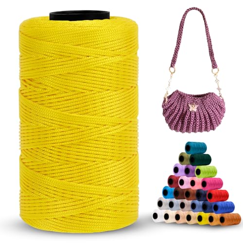 LEREATI Polyester Garn 1mm x 230m Makramee Garn 1mm Baumwollgarn Polyester Macrame Cord Polyester-Seil Baumwollkordel für Handtasche, Umhängetasche, Häkeltasche, Strickwaren (Gelb) von LEREATI