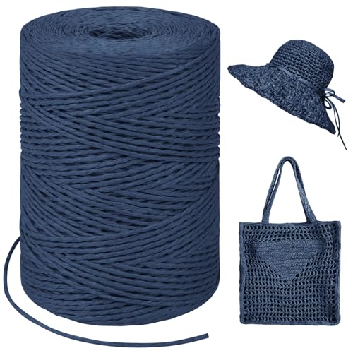 LEREATI Raffia Garn zum Häkeln, Bastband Natur 1.5mm x 300m Papiergarn Geschenkbänder, Bändchengarn zum Häkeln, Papierdraht zum Häkeltaschen, Körbe, Hüte, Geschenkverpackung (Dunkelblau) von LEREATI