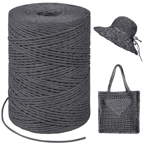 LEREATI Raffia Garn zum Häkeln, Bastband Natur 1.5mm x 300m Papiergarn Geschenkbänder, Bändchengarn zum Häkeln, Papierdraht zum Häkeltaschen, Körbe, Hüte, Geschenkverpackung (Dunkelgrau) von LEREATI