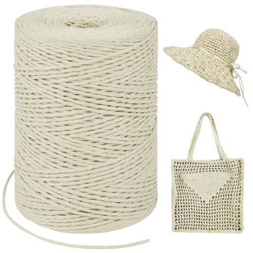 LEREATI Raffia Garn zum Häkeln, Bastband Natur 1.5mm x 300m Papiergarn Geschenkbänder, Bändchengarn zum Häkeln, Papierdraht zum Häkeltaschen, Körbe, Hüte, Geschenkverpackung (Milchig Weiß) von LEREATI