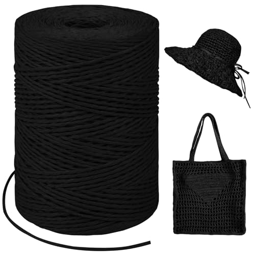 LEREATI Raffia Garn zum Häkeln, Bastband Natur 1.5mm x 300m Papiergarn Geschenkbänder, Bändchengarn zum Häkeln, Papierdraht zum Häkeltaschen, Körbe, Hüte, Geschenkverpackung (Schwarz) von LEREATI