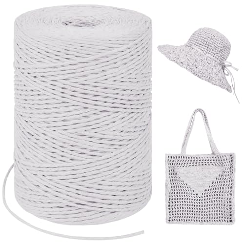 LEREATI Raffia Garn zum Häkeln, Bastband Natur 1.5mm x 300m Papiergarn Geschenkbänder, Bändchengarn zum Häkeln, Papierdraht zum Häkeltaschen, Körbe, Hüte, Geschenkverpackung (Weiß) von LEREATI