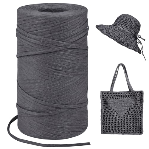 LEREATI Raffia Garn zum Häkeln, Bastband Natur 3mm x 300m Papiergarn Geschenkbänder, Bändchengarn zum Häkeln, Papierdraht zum Häkeltaschen, Körbe, Hüte, Geschenkverpackung (Dunkelgrau) von LEREATI