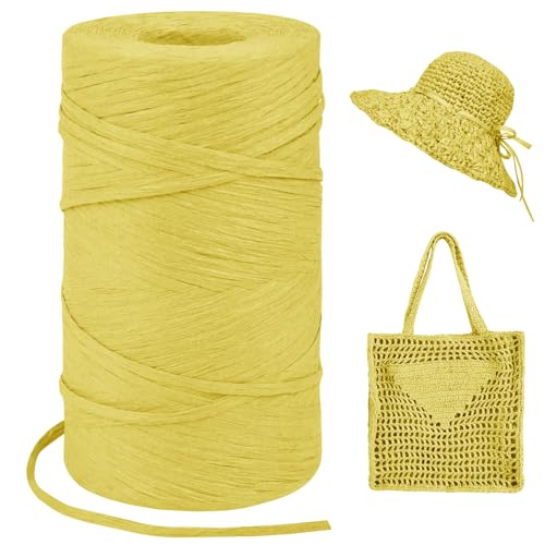 LEREATI Raffia Garn zum Häkeln, Bastband Natur 3mm x 300m Papiergarn Geschenkbänder, Bändchengarn zum Häkeln, Papierdraht zum Häkeltaschen, Körbe, Hüte, Geschenkverpackung (Gelb) von LEREATI