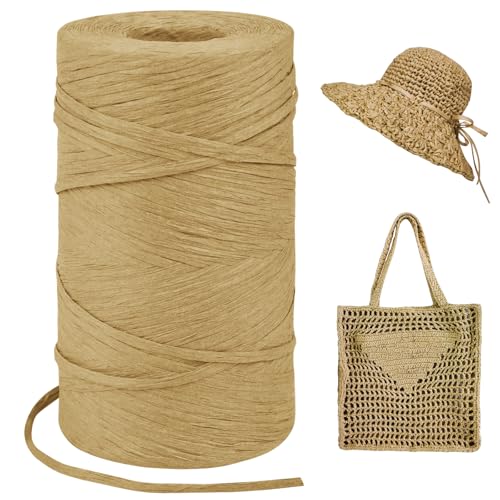 LEREATI Raffia Garn zum Häkeln, Bastband Natur 3mm x 300m Papiergarn Geschenkbänder, Bändchengarn zum Häkeln, Papierdraht zum Häkeltaschen, Körbe, Hüte, Geschenkverpackung (Helles Kaffee) von LEREATI