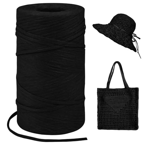 LEREATI Raffia Garn zum Häkeln, Bastband Natur 3mm x 300m Papiergarn Geschenkbänder, Bändchengarn zum Häkeln, Papierdraht zum Häkeltaschen, Körbe, Hüte, Geschenkverpackung (Schwarz) von LEREATI