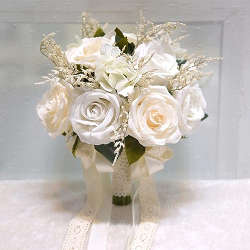 LESING Brautsträuße für Hochzeiten, künstliche Rosensträuße, handgefertigt, romantisch, Hochzeitssträuße für Braut, Brautjungfer, mit Blumen (Bouquet-Rose Weiß 1) von LESING