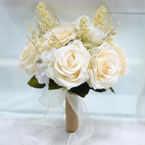 LESING Brautsträuße, künstliche Rosensträuße, handgefertigt, romantisch, Hochzeitssträuße für Braut, Brautjungfer, mit Blumen (Bouquet-Rose Weiß) von LESING