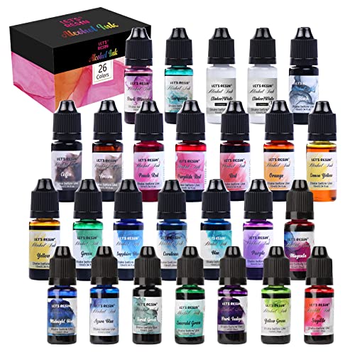 LET'S RESIN Alkohol Tinte Set - 26 Farben Alcohol Ink zur Epoxidharz Malerei, Hochkonzentrierte Tinte auf Alkoholbasis, konzentrierte Epoxidharzfarbe Farbstoff für Harz Kunst, Malen - je 10 ml von LET'S RESIN