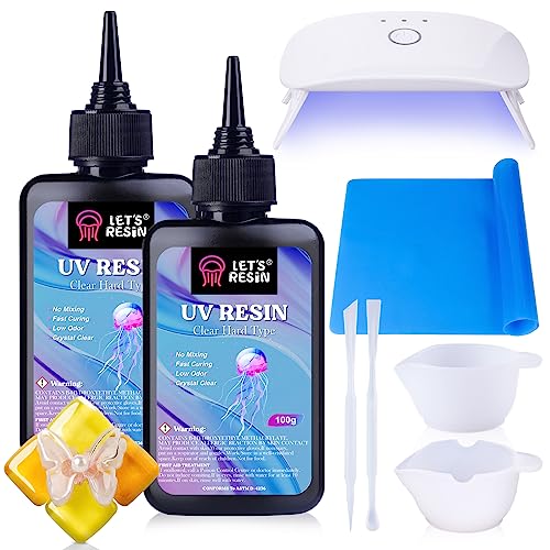 LET'S RESIN UV Resin Set mit UV Lampe, Verbessertes 200g Kristallklares UV Kleber mit Lampe Set, UV Harz Set für Schmuck, Basteldekoration von LET'S RESIN