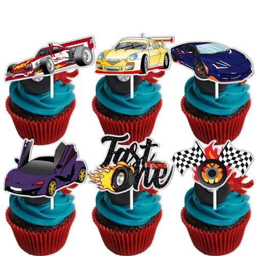 18 Stück Glitzer Rennauto Dessert Cupcake Topper Fast One Thema Dekor Supplies Baby Shower Boy Girl Happy Birthday Party Dekorationen von LETLIMIT