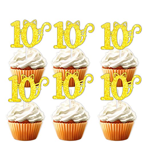 18 Stück Gold Glitzer 10 Dessert Cupcake Topper Pick für niedliche schöne Haustier Katze Thema Dekorationen Jungen Mädchen Happy Birthday Party Dekor Zubehör von LETLIMIT