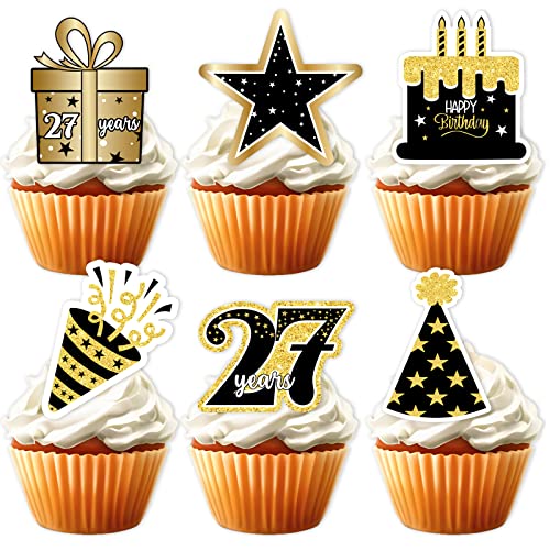 18 Stück Gold Glitzer 27 Dessert Cupcake Topper Pick für Jungen Mädchen Frau Männer 27. Jahre alt Happy Birthday Party Thema Dekor Zubehör Feiern Jäten Jahrestag Party Dekorationen von LETLIMIT