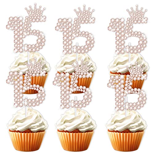 18 Stück Roségold Glitzer Krone Dessert Cupcake Topper Prinzessin 15 Quinceanera Thema Dekor Zubehör Mädchen 15. Geburtstag Party Dekorationen von LETLIMIT