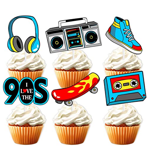 18 Stück blaue Glitzer-Dessert-Cupcake-Topper Retro 90er Jahre Rock Roll Thema Dekor Zubehör Jungen Mädchen Happy Birthday Musik Party Dekorationen von LETLIMIT