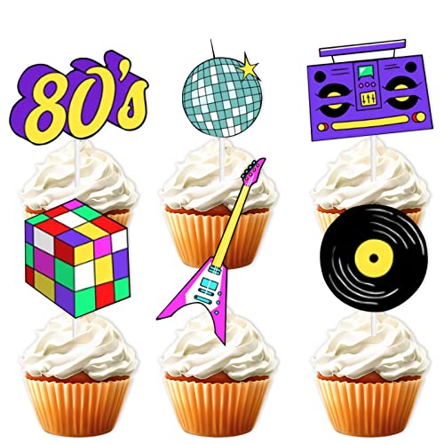 18 Stück lila Glitzer Dessert Cupcake Topper Retro 80er Jahre Rock Roll Thema Dekor Zubehör Jungen Mädchen Happy Birthday Musik Party Dekorationen von LETLIMIT