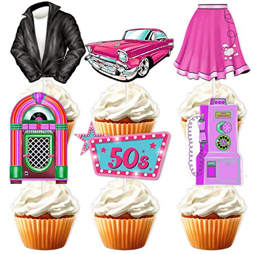 18 Stück rosa Glitzer Dessert Cupcake Topper Retro 50er Jahre Thema Dekor Zubehör Happy Birthday Dekorationen von LETLIMIT