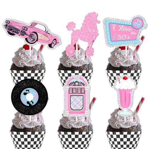 18 Stück rosa Glitzer Hund Auto Dessert Cupcake Topper Retro 50er Jahre Thema Dekor Zubehör Happy Birthday Dekoration von LETLIMIT